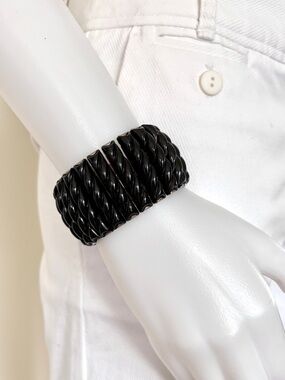 Midcentury Leru black and metal expandable stretchy bracelet signed